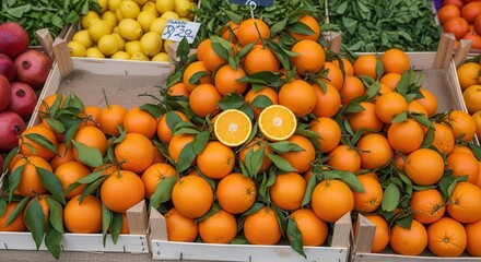 Vibrant citrus display featuring oranges lemons and pomegranates in wooden crates