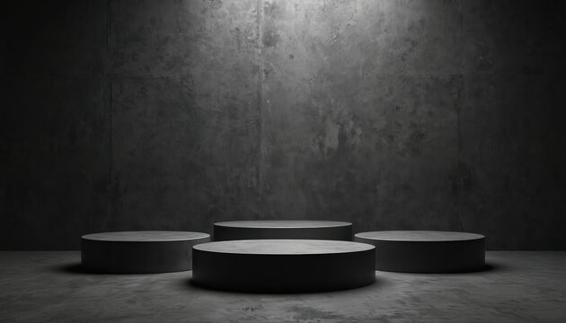 Four dark circular podiums stand on a grey concrete floor against a textured grey wall. Spotlights create dramatic shadows, suitable for product displays or event staging.