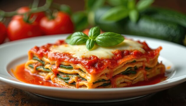 Vegetable lasagna slice with tomato sauce, melted cheese, and basil garnish on a white plate. Zucchini replaces pasta noodles for a healthy, delicious Italian meal.