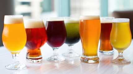 Colorful variety of craft beers displayed in glasses on a bright table