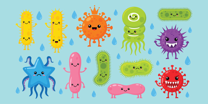 Cartoon microbes collection, colorful germs, cute bacteria, funny virus characters, microbiology icons, hygiene awareness, educational design, flat vector illustration