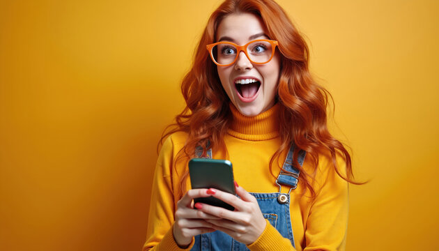 Young woman with red hair wears glasses and overalls. She looks at her phone with a surprised happy expression on an orange background. Exciting news or online game win.