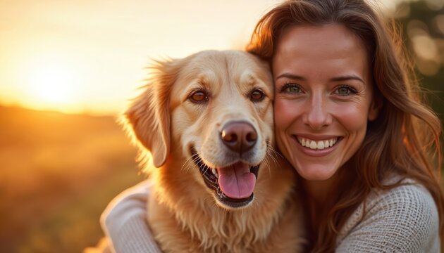 Woman hugs happy golden retriever dog. Golden hour light warms their faces. Companionship and pure joy radiate from this outdoor scene, highlighting their strong bond.
