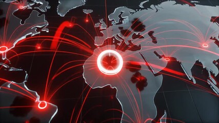 Global connections illuminated by pulsing red lines across a world map, highlighting networks and communication