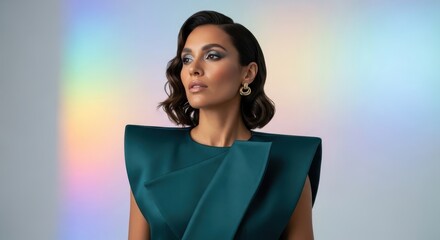 Sophisticated woman in elegant emerald gown with artistic iridescent backdrop