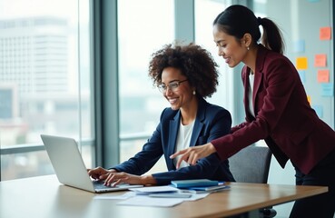 Businesswomen work at laptop in office. Multiethnic managers analyze financial data, develop strategy. Asian helps african coworker with project. Team collaborates on stock market, economic trends.