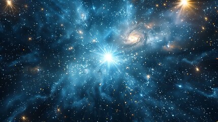 Vibrant blue nebula with swirling stars and galactic core