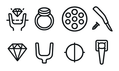 Jewelry and tool icons: diamond, ring, screw, razor, holder, targets
