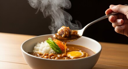 Steaming japanese curry dish with rice and egg in ceramic bowl