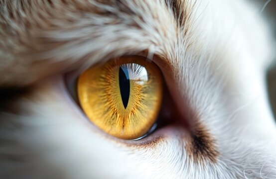 Macro photo of yellow cat eye with vertical pupil. Extreme closeup shows detailed iris texture, surrounding fur. Intense feline eyeball bright amber color. Domestic pet piercing gaze, carefully