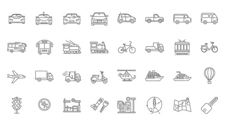 Collection of transportation icons in outline style, including cars, trucks, planes, and more.