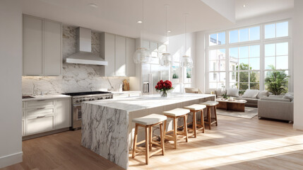 Modern kitchen with marble countertop and open layout featuring bar stools