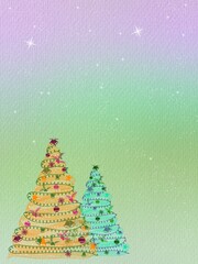 Hand drawing of two christmas trees in watercolor style on a soft gradient wash of pink and green with subtle sparkling effects.