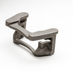 Industrial U-shaped metal clamp or bracket, cast steel machinery component isolated on white background