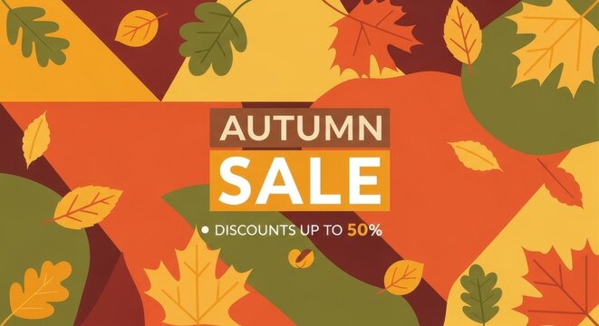 Vibrant autumn sale promotion with colorful foliage and geometric shapes design - Powered by Adobe
