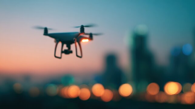 Drone flying over city skyline at sunset capturing stunning views