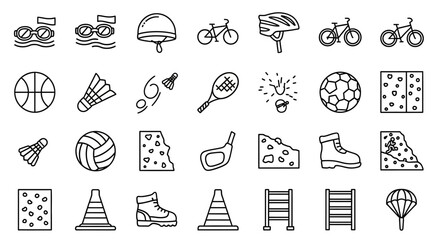 A collection of line art icons representing various sports and recreational activities.