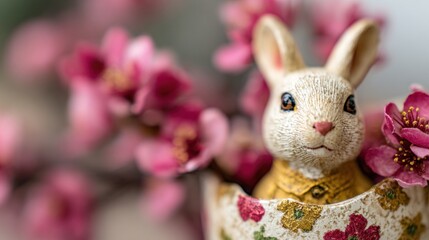 Fototapeta premium Cute rabbit figure surrounded by cherry blossoms in a decorative setting