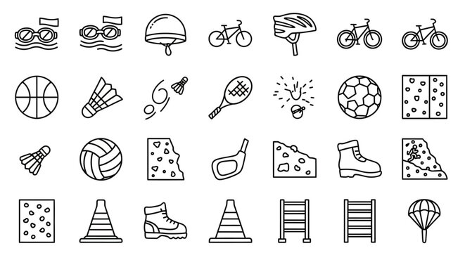 A collection of line art icons representing various sports and recreational activities.