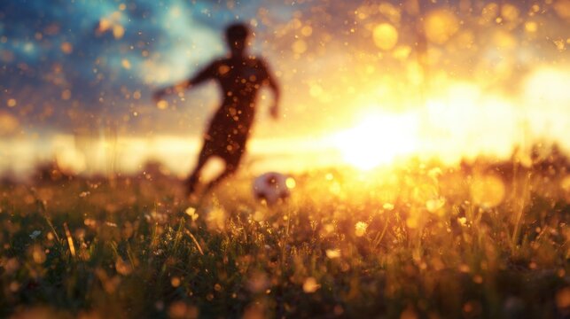 Evening soccer game at sunset with blurred player and ball on the field