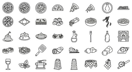 A collection of black and white line art icons depicting various Italian food dishes and related items.