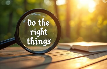 Fototapeta premium Magnifier glass shows phrase do the right things on wooden table. Open book lies nearby with sun shining through trees. Life advice and guidance presented.