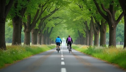 Two people cycle on a paved road shaded by tall trees forming an avenue. This scenic path offers a healthy and active way to explore nature and promotes sustainable travel.