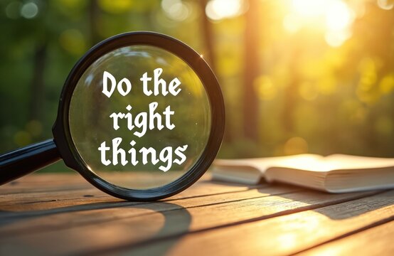 Magnifier glass shows phrase do the right things on wooden table. Open book lies nearby with sun shining through trees. Life advice and guidance presented.