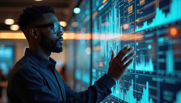Black man wearing glasses interacts with large futuristic digital screen. Touches bright blue holographic financial data, graphs, charts. Tech displays market analysis, business performance, future