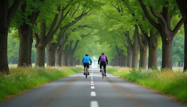 Two people cycle on a paved road shaded by tall trees forming an avenue. This scenic path offers a healthy and active way to explore nature and promotes sustainable travel.