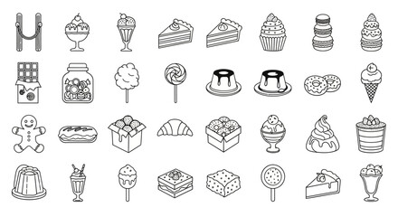 Black and white line art illustration of various desserts and sweets.