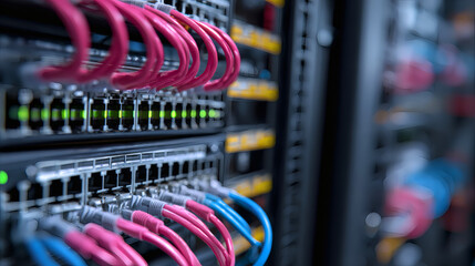 Close-up view of network server cables and connectors in a data center