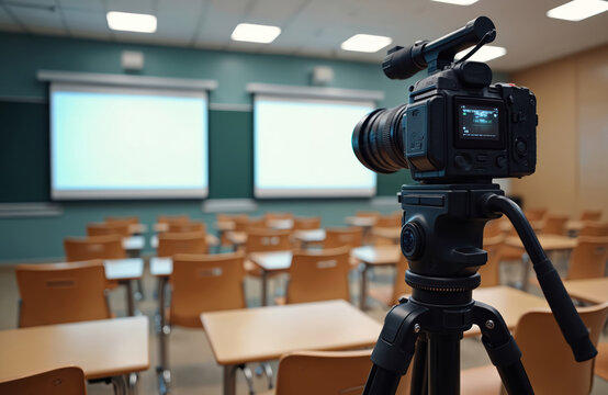 Camera on tripod in empty classroom ready to record lesson. Desks and chairs are in background near blank projector screens. Education concept for visual learning or remote teaching.