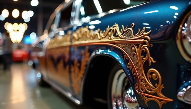 Custom lowrider illustration features intricate golden detailing on blue car body. Luxury classic auto, vintage style. Custom paintwork, unique finish, trendy design elements, hydraulic suspension