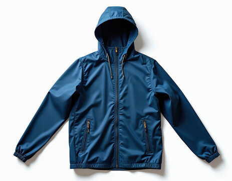 Blue hooded jacket isolated on white background. Windbreaker coat full front zipper, side pockets. Adjustable hood drawstrings. Casual sportswear for men women. Modern outerwear, perfect for autumn,