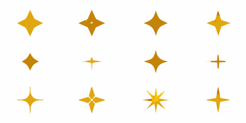 Collection of golden sparkles and starbursts on a white background