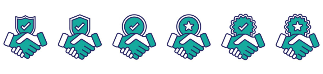 Business partnership handshake icons. Symbols of agreement, trust, teamwork, and professional collaboration in vector style.	