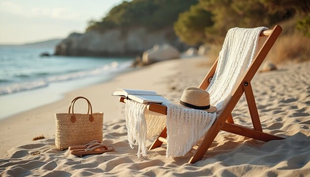 Wooden beach chair with white blanket, straw hat on sandy shore. Open book lies on chair armrest. Woven bag, sandals beside chair. Calm sea, rocky cliffs in background. Serene beach scene with - Powered by Adobe