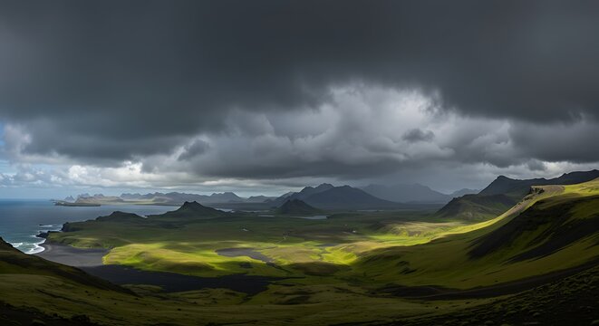 Panoramic view of a coastal landscape under a dramatic, stormy sky
