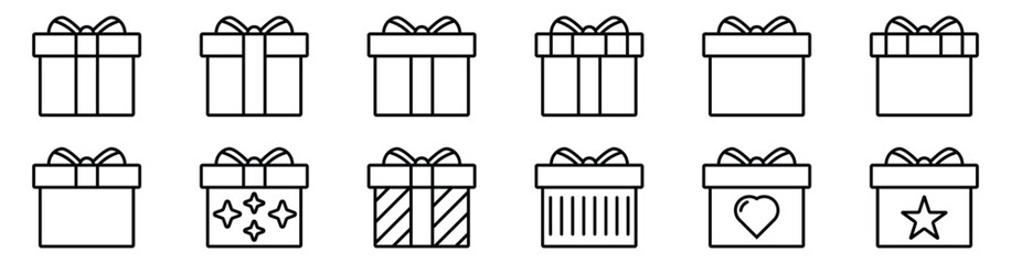  gift box icon set. Present, surprise, and Christmas gift silhouettes in modern outline style for graphic design resources.	