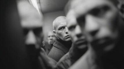 Aggressive crowd of bald men with serious faces looking at camera for urban crime and danger concept