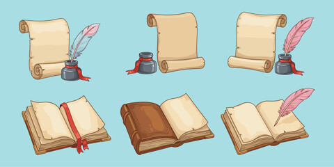 Scrolls with ink bottles, feather quills, open books, vintage writing tools, fantasy stationery, cartoon style, flat vector illustration
