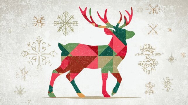 Modern geometric Christmas poster reindeer silhouette with snowflakes Generative AI