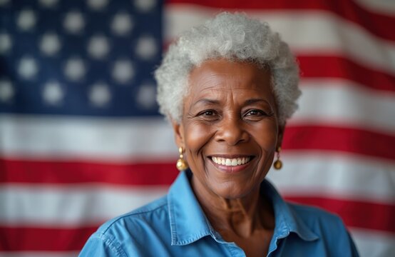 Elderly black woman smiles in front of US flag. She has grey hair, wears a blue shirt, and golden earrings. Her expression is happy, proud, and optimistic.