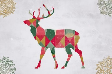 Obraz premium Modern geometric Christmas poster featuring colorful reindeer silhouette Generative AI