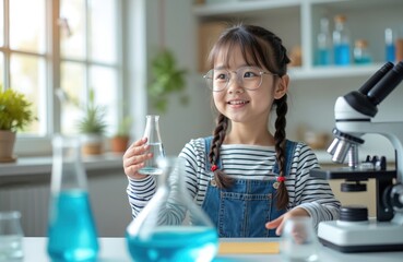 Young girl with glasses holds flask with water. She is in lab with microscope. Child explores science and learns in classroom. Little scientist conducts experiment with liquid.