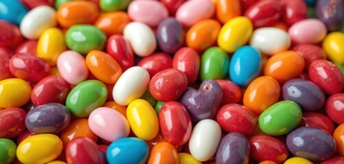 Close up photo of pile jelly beans. Colorful assorted candy sweets in multiple vivid colors. Popular dessert food treat for holidays parties and kids.