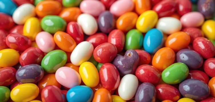 Close up photo of pile jelly beans. Colorful assorted candy sweets in multiple vivid colors. Popular dessert food treat for holidays parties and kids.