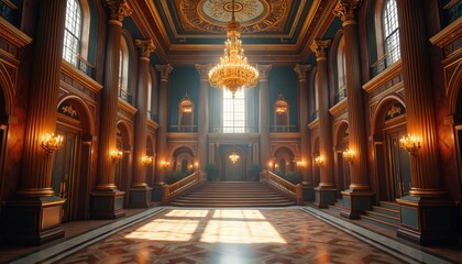 Grand ornate ballroom with high ceiling, crystal chandelier. Luxurious palace interior classical columns, rich wooden floor. Sunlight shines through tall window, illuminating elegant empty hall.