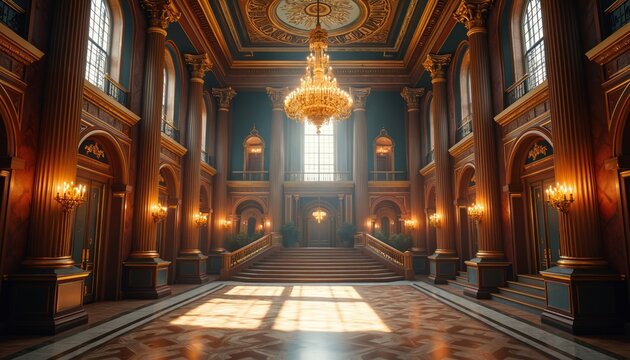 Grand ornate ballroom with high ceiling, crystal chandelier. Luxurious palace interior classical columns, rich wooden floor. Sunlight shines through tall window, illuminating elegant empty hall.
